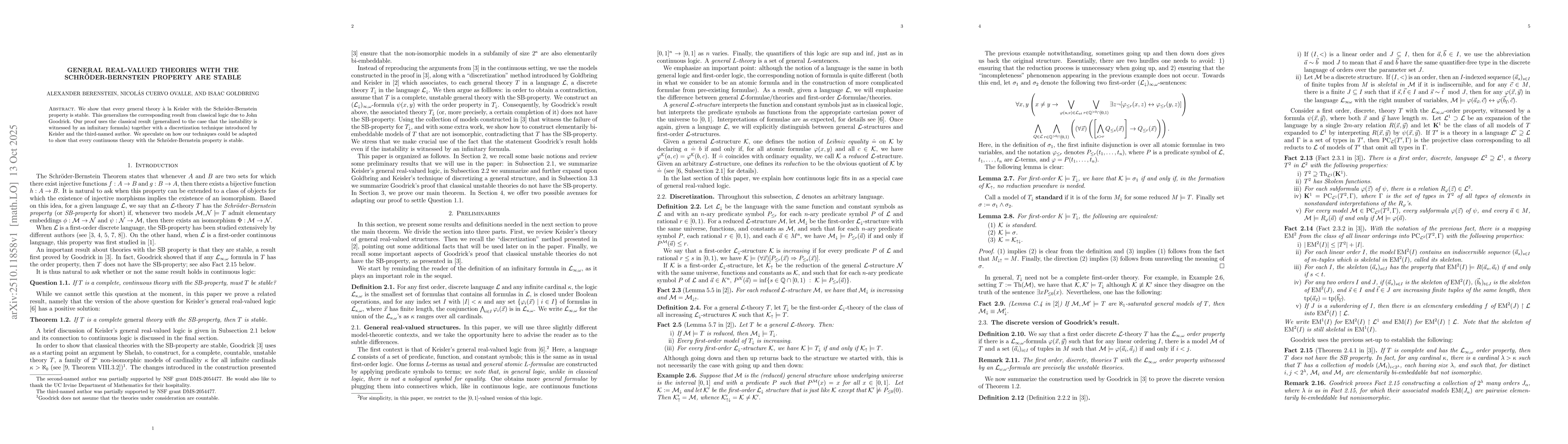 Thumbnail for General real-valued theories with the Schröder-Bernstein property are
  stable