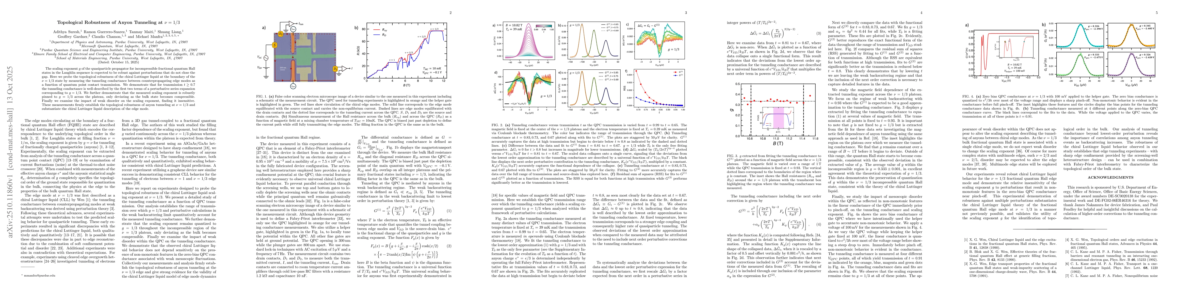 Thumbnail for Topological Robustness of Anyon Tunneling at $ν= 1/3$