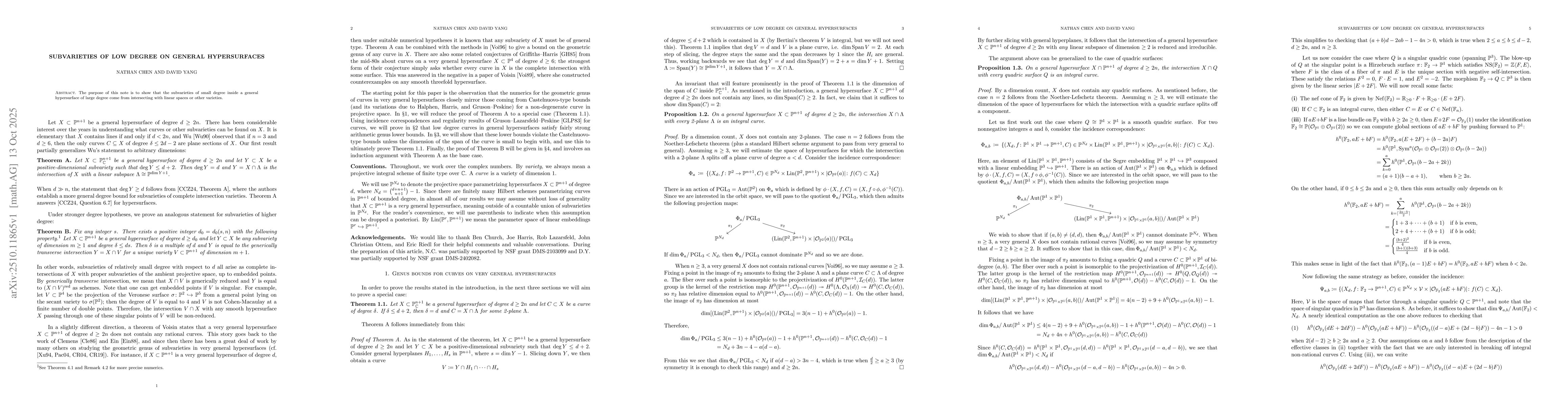 Thumbnail for Subvarieties of low degree on general hypersurfaces