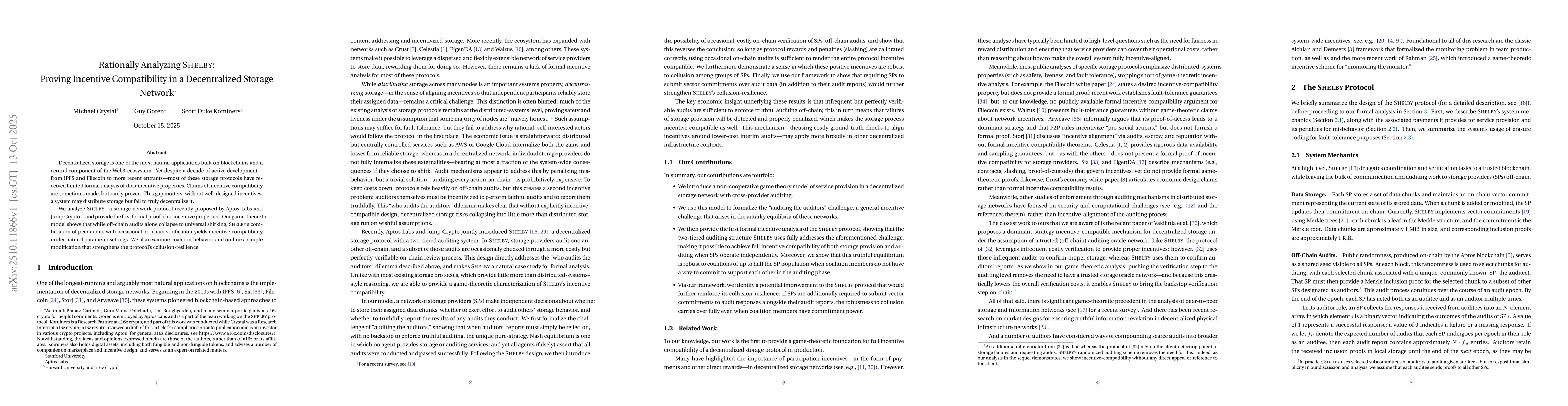 Thumbnail for Rationally Analyzing Shelby: Proving Incentive Compatibility in a
  Decentralized Storage Network