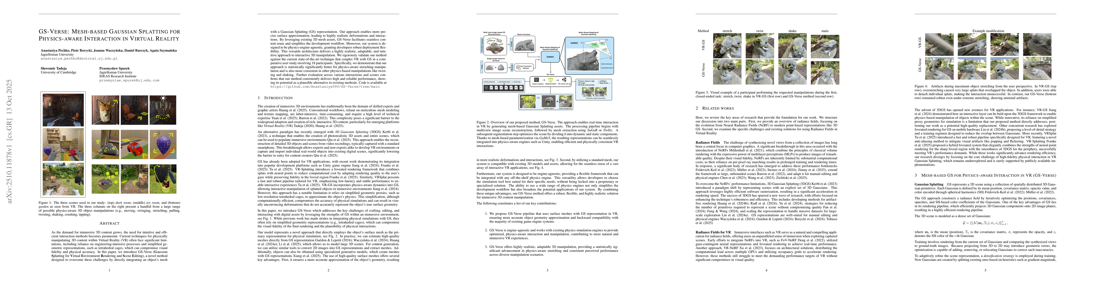 Thumbnail for GS-Verse: Mesh-based Gaussian Splatting for Physics-aware Interaction in
  Virtual Reality