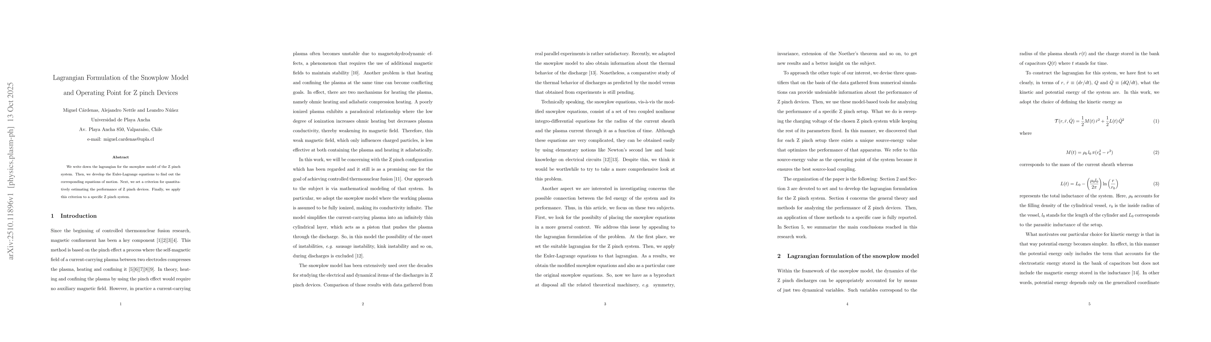 Thumbnail for Lagrangian Formulation of the Snowplow Model and Operating Point for Z
  pinch Devices