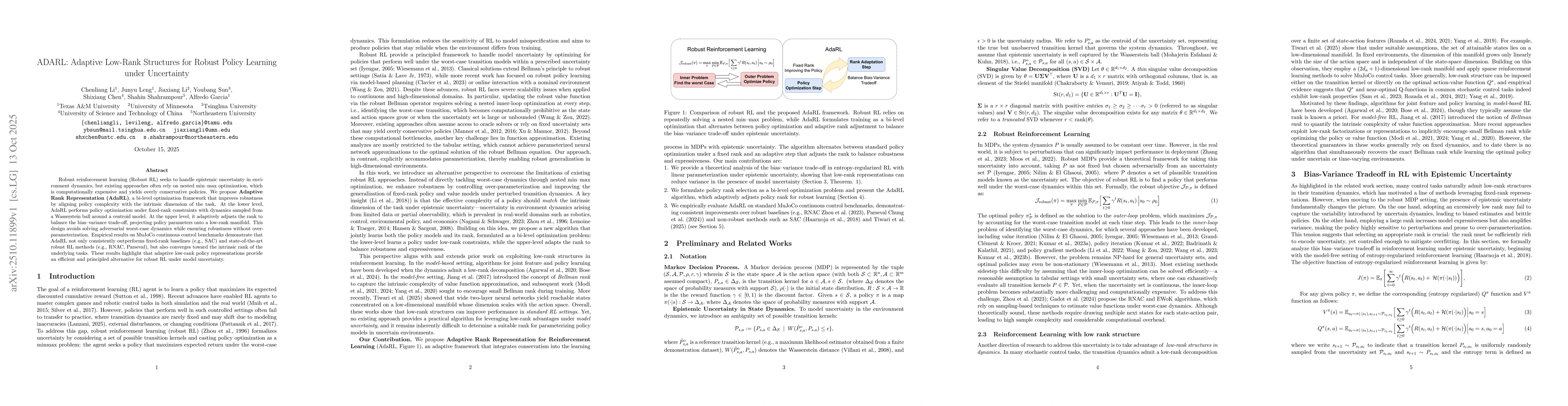 Thumbnail for ADARL: Adaptive Low-Rank Structures for Robust Policy Learning under
  Uncertainty