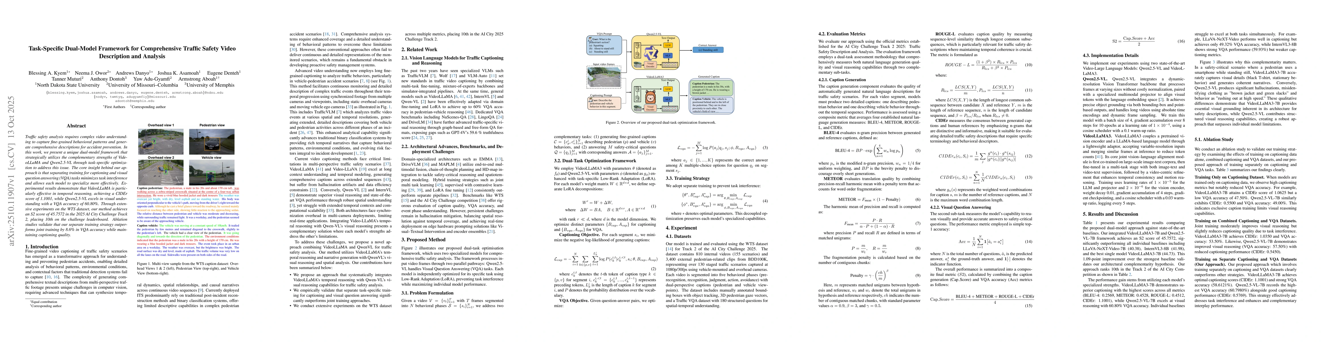 Thumbnail for Task-Specific Dual-Model Framework for Comprehensive Traffic Safety
  Video Description and Analysis