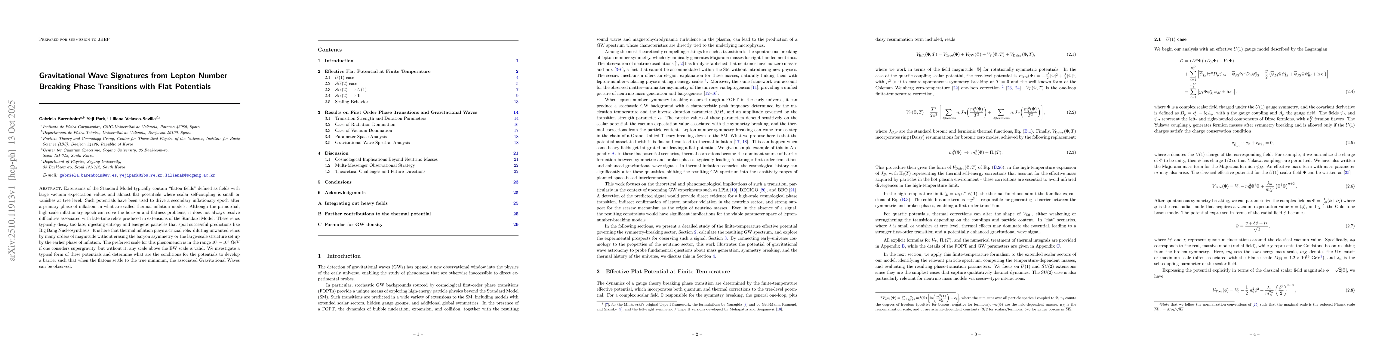 Thumbnail for Gravitational Wave Signatures from Lepton Number Breaking Phase
  Transitions with Flat Potentials