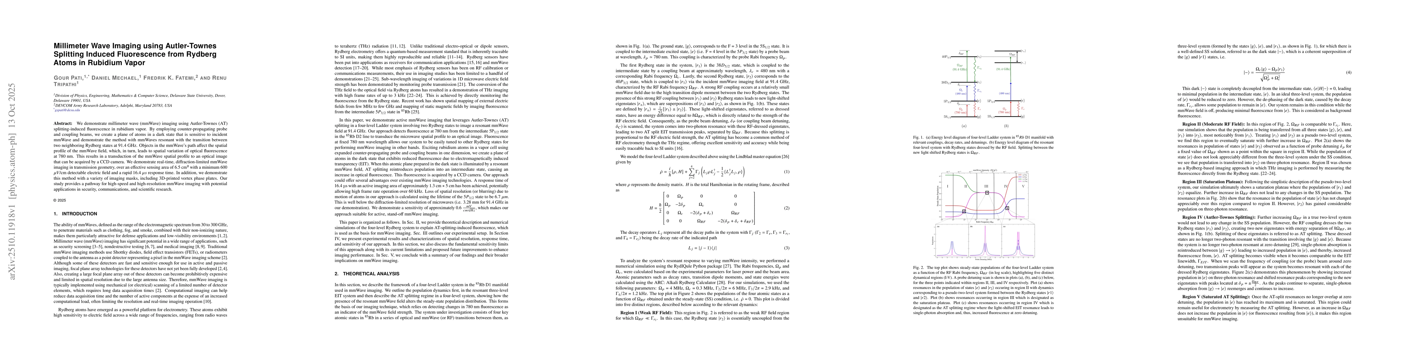 Thumbnail for Millimeter Wave Imaging using Autler-Townes Splitting Induced
  Fluorescence from Rydberg Atoms in Rubidium Vapor