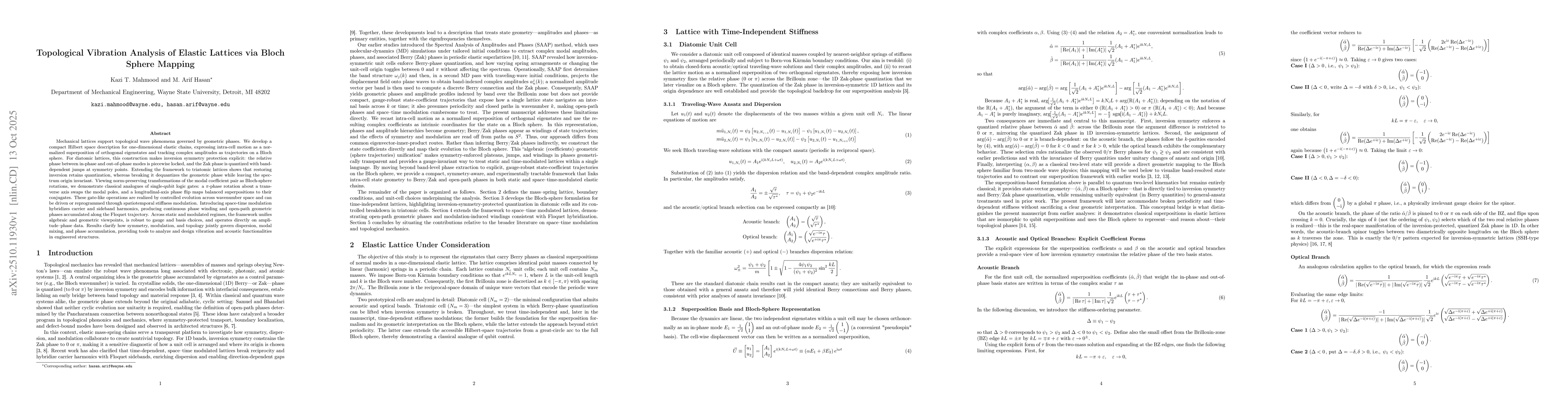 Thumbnail for Topological Vibration Analysis of Elastic Lattices via Bloch Sphere
  Mapping