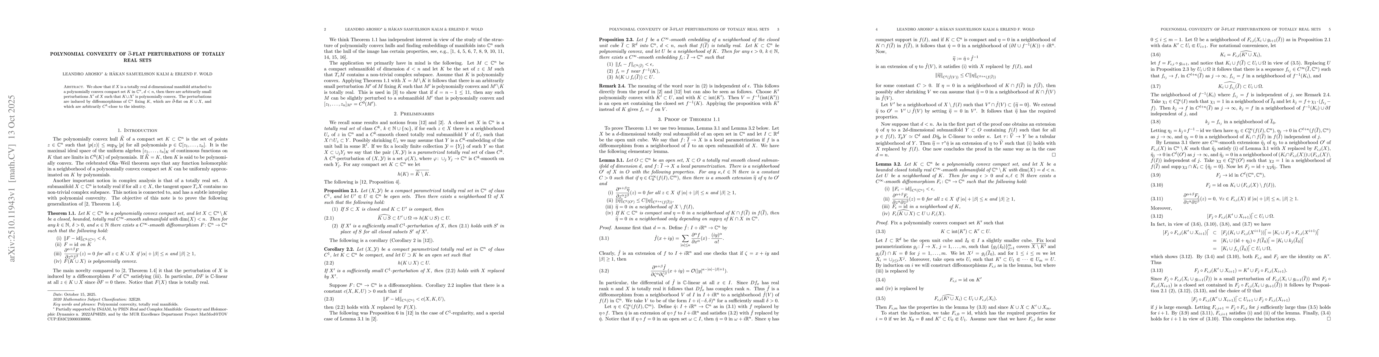 Thumbnail for Polynomial convexity of $\bar\partial$-flat perturbations of totally
  real sets