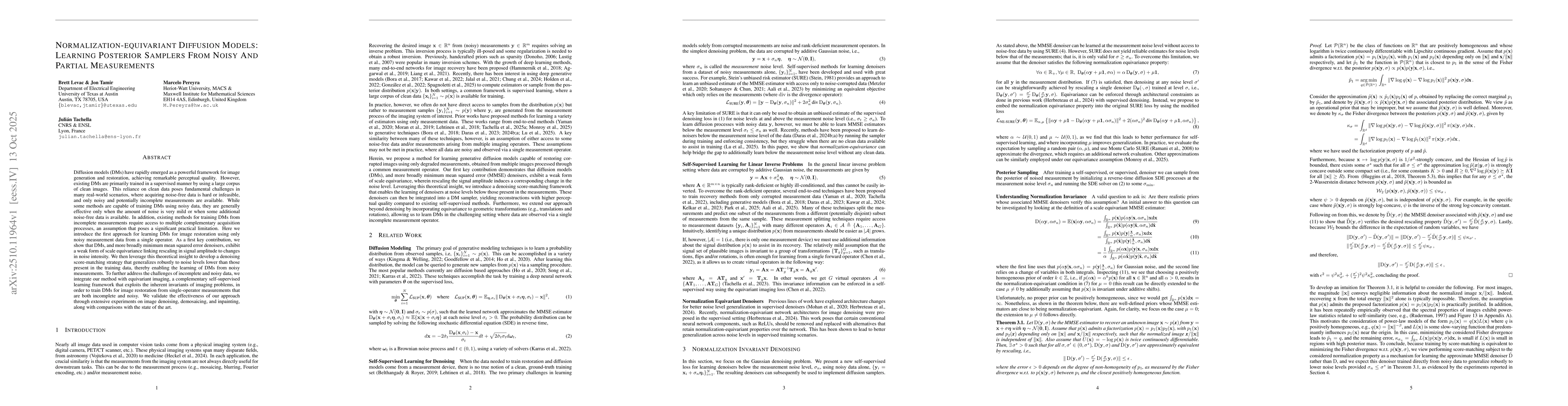 Thumbnail for Normalization-equivariant Diffusion Models: Learning Posterior Samplers
  From Noisy And Partial Measurements