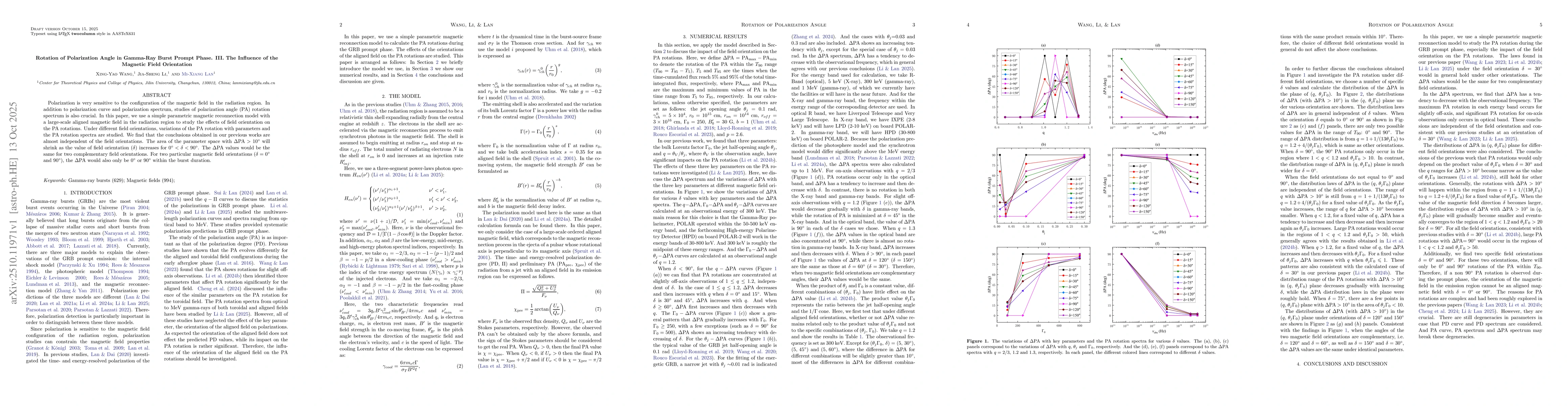 Thumbnail for Rotation of Polarization Angle in Gamma-Ray Burst Prompt Phase. III. The
  Influence of the Magnetic Field Orientation
