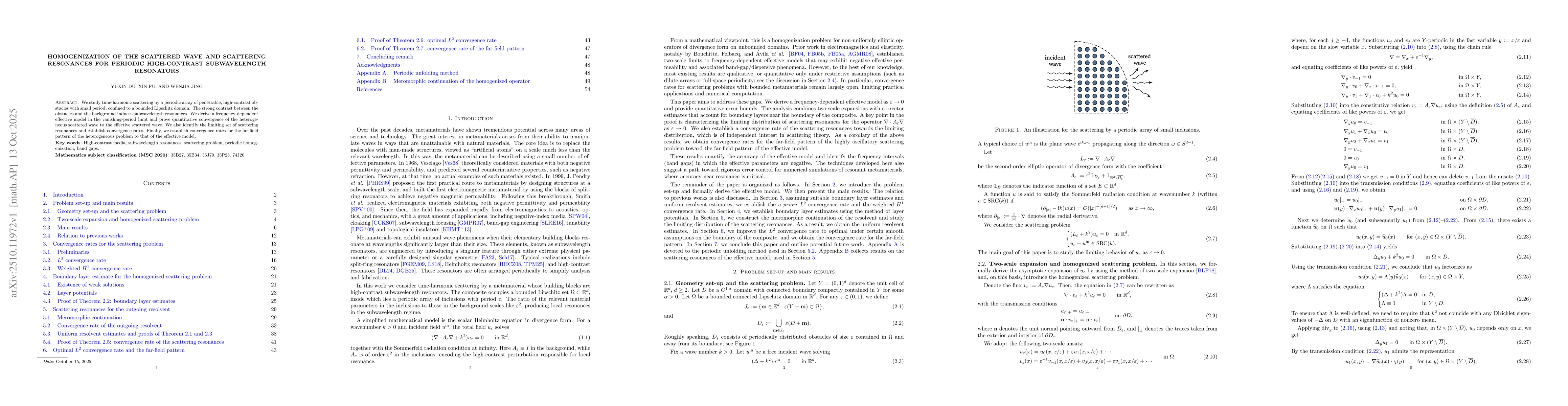Thumbnail for Homogenization of the scattered wave and scattering resonances for
  periodic high-contrast subwavelength resonators