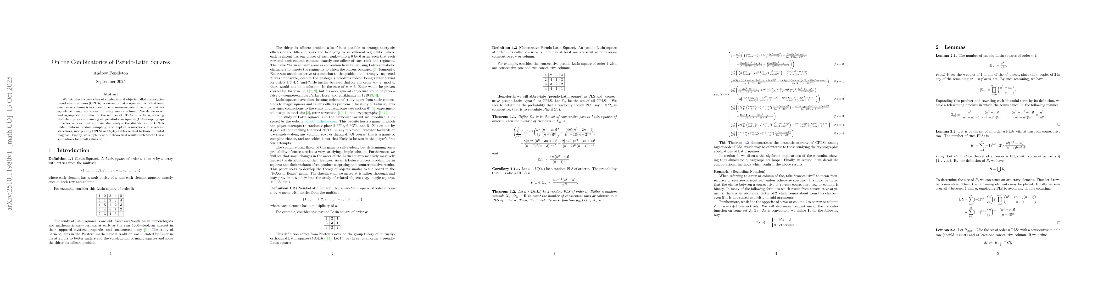 Thumbnail for On the Combinatorics of Pseudo-Latin Squares