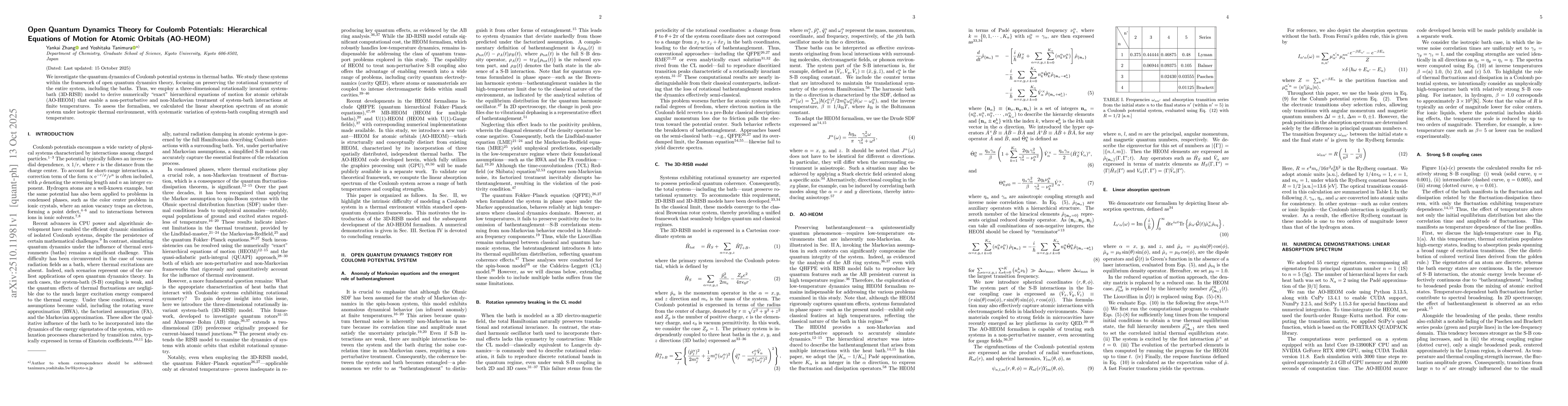 Thumbnail for Open Quantum Dynamics Theory for Coulomb Potentials: Hierarchical
  Equations of Motion for Atomic Orbitals (AO-HEOM)