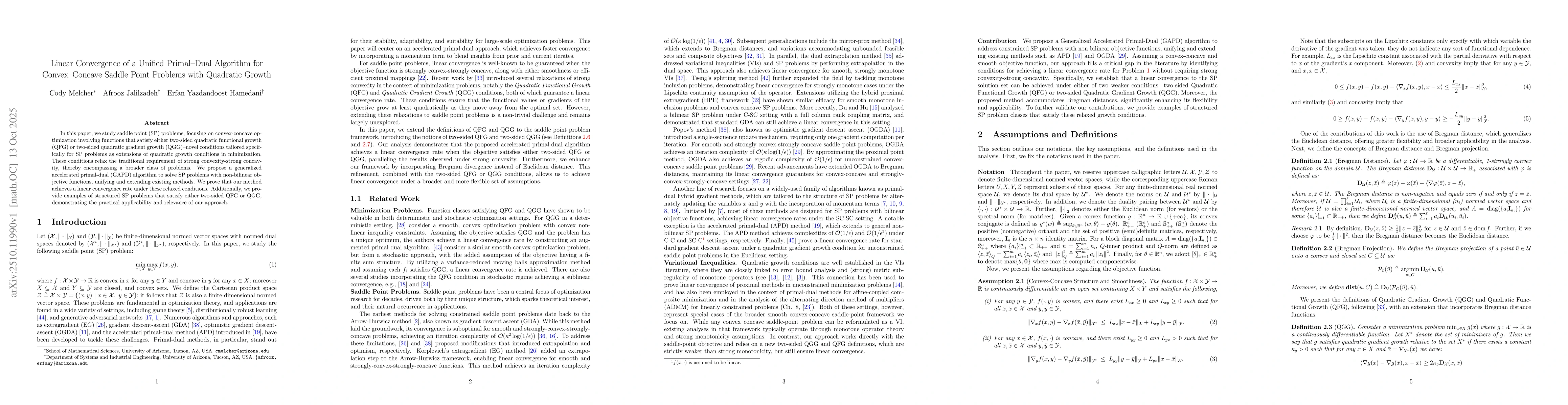 Thumbnail for Linear Convergence of a Unified Primal--Dual Algorithm for
  Convex--Concave Saddle Point Problems with Quadratic Growth