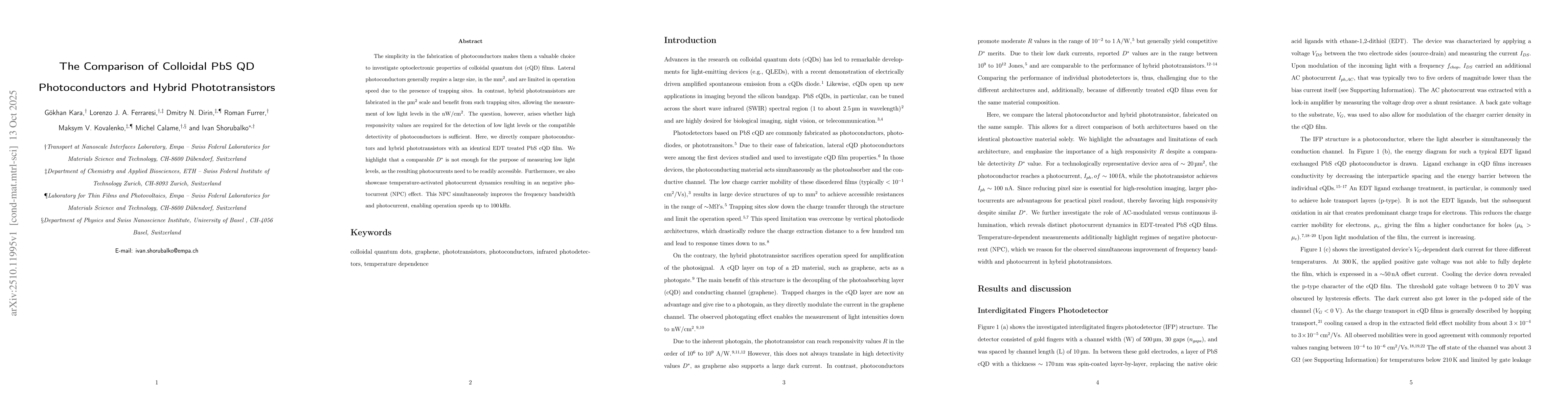Thumbnail for The Comparison of Colloidal PbS QD Photoconductors and Hybrid
  Phototransistors