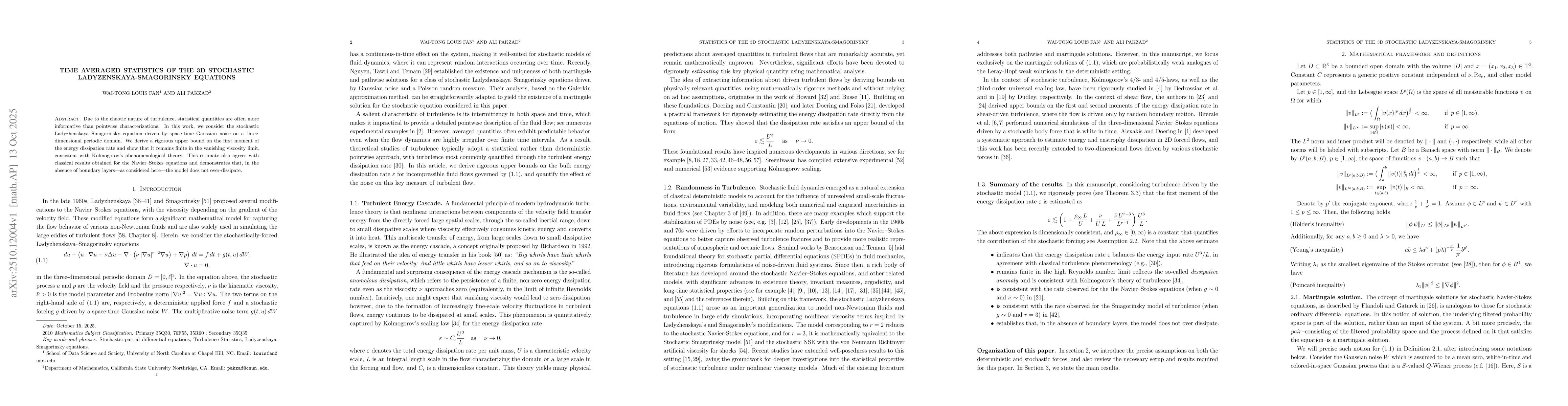 Thumbnail for Time Averaged Statistics of the 3D Stochastic Ladyzenskaya-Smagorinsky
  Equations