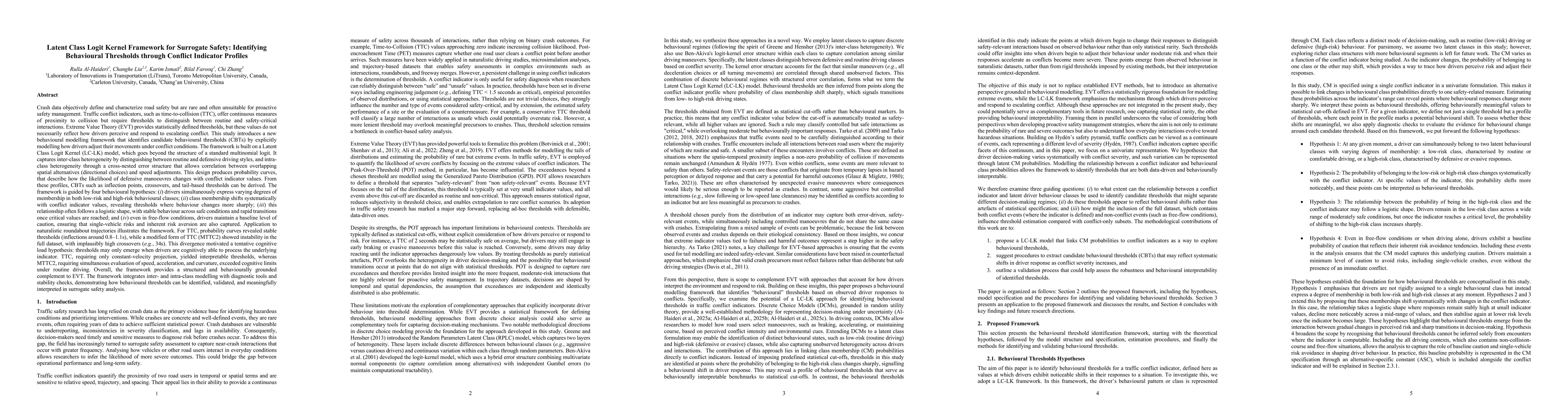 Thumbnail for Latent Class Logit Kernel Framework for Surrogate Safety: Identifying
  Behavioural Thresholds through Conflict Indicator Profiles