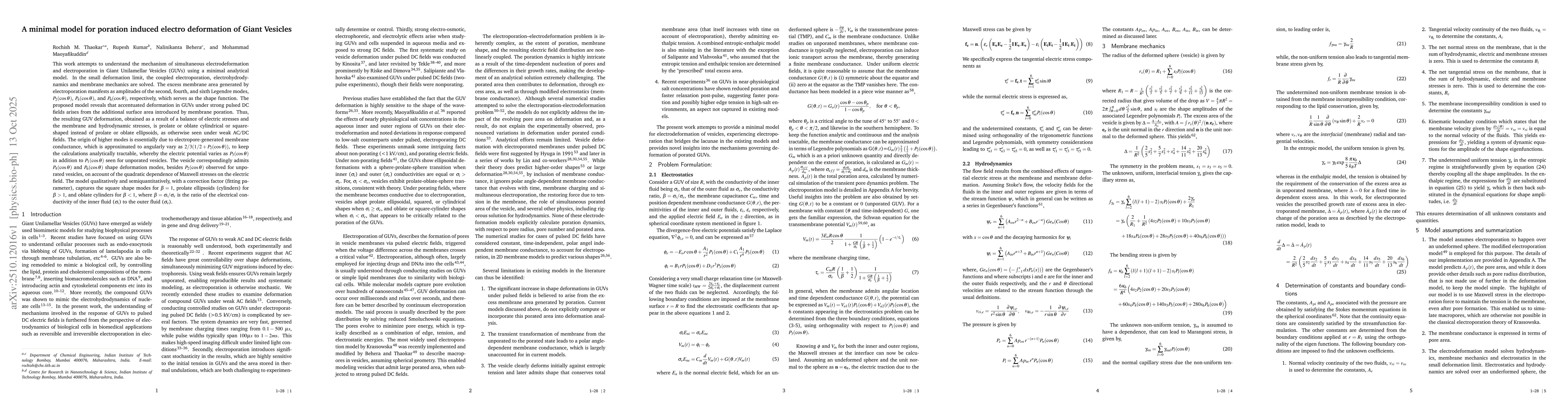 Thumbnail for A minimal model for poration induced electro deformation of Giant
  Vesicles