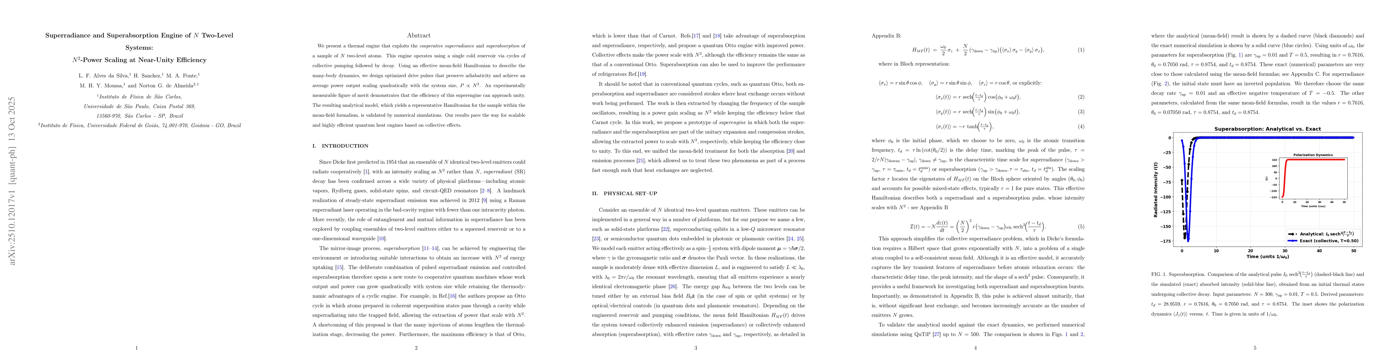 Thumbnail for Superradiance and Superabsorption Engine of $N$ Two-Level Systems:
  $N^{2}$-Power Scaling at Near-Unity Efficiency