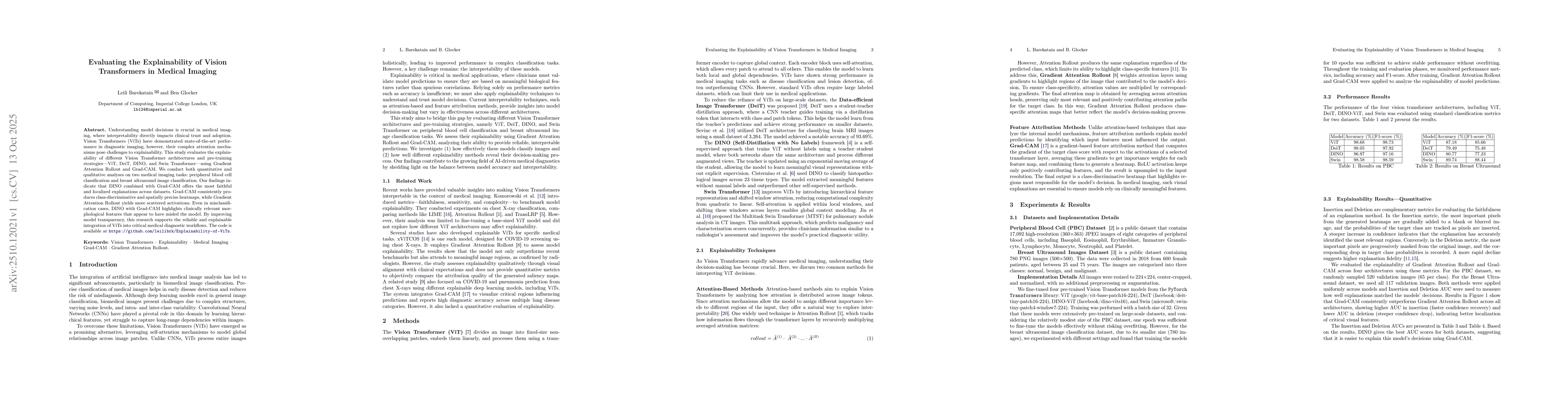 Thumbnail for Evaluating the Explainability of Vision Transformers in Medical Imaging