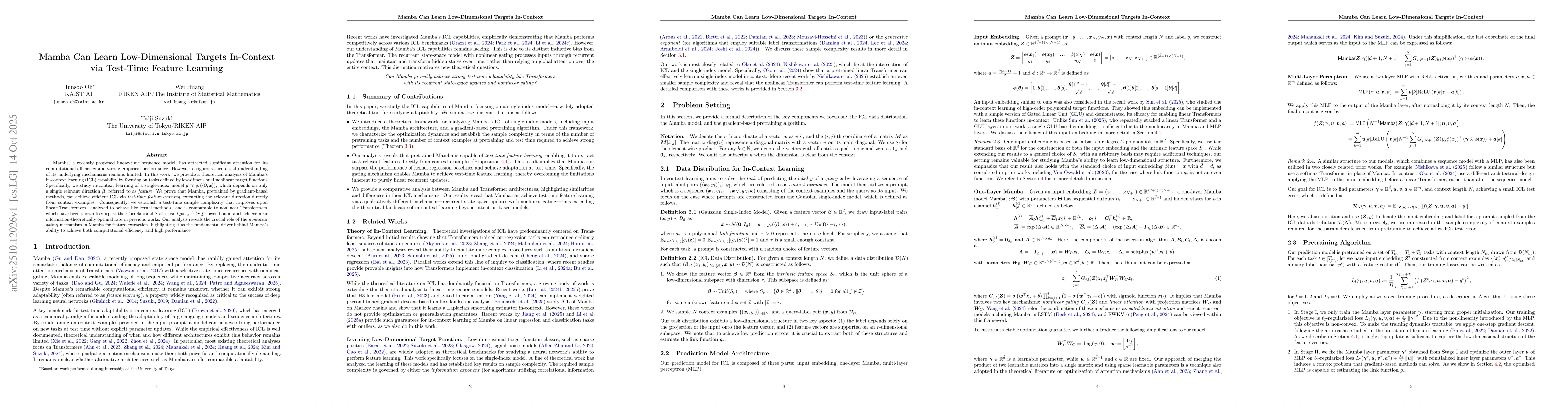 Thumbnail for Mamba Can Learn Low-Dimensional Targets In-Context via Test-Time Feature
  Learning