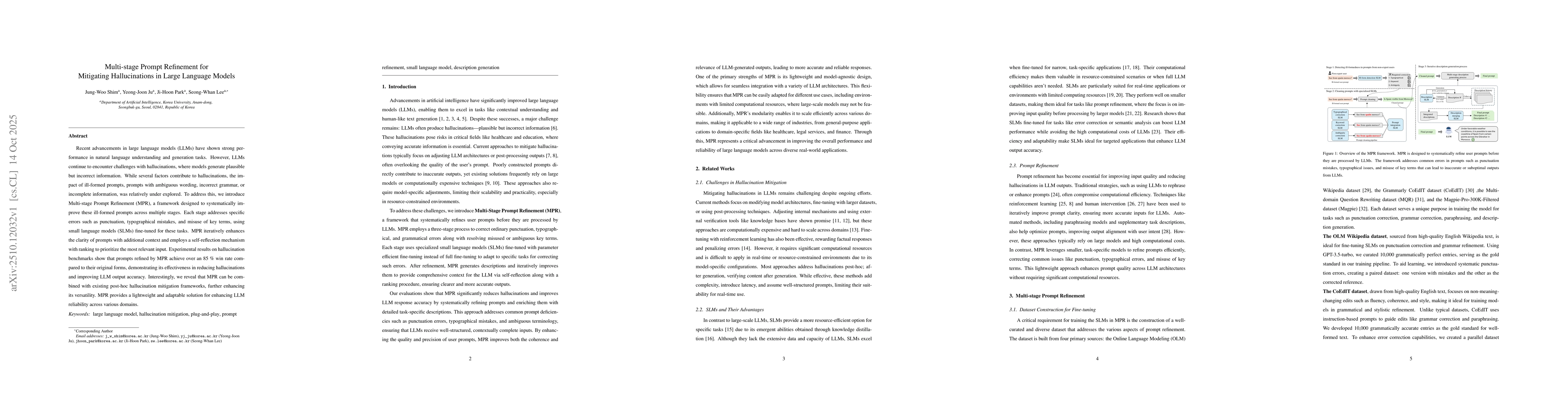 Thumbnail for Multi-stage Prompt Refinement for Mitigating Hallucinations in Large
  Language Models