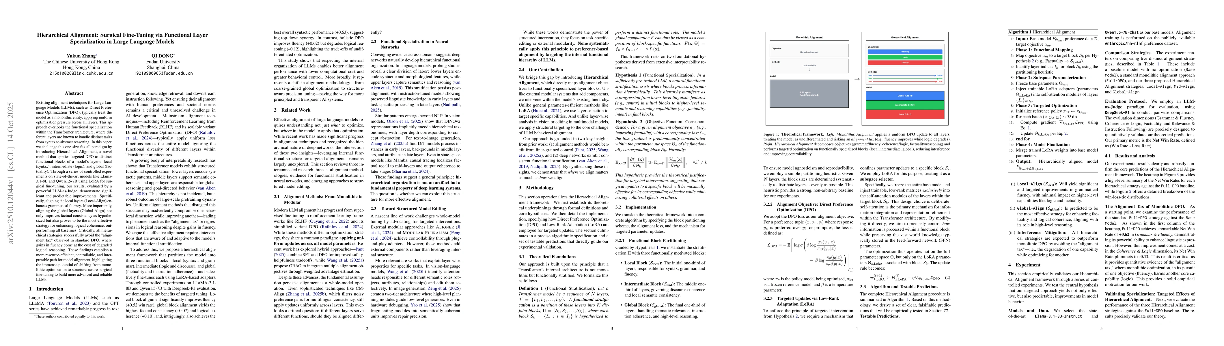 Thumbnail for Hierarchical Alignment: Surgical Fine-Tuning via Functional Layer
  Specialization in Large Language Models