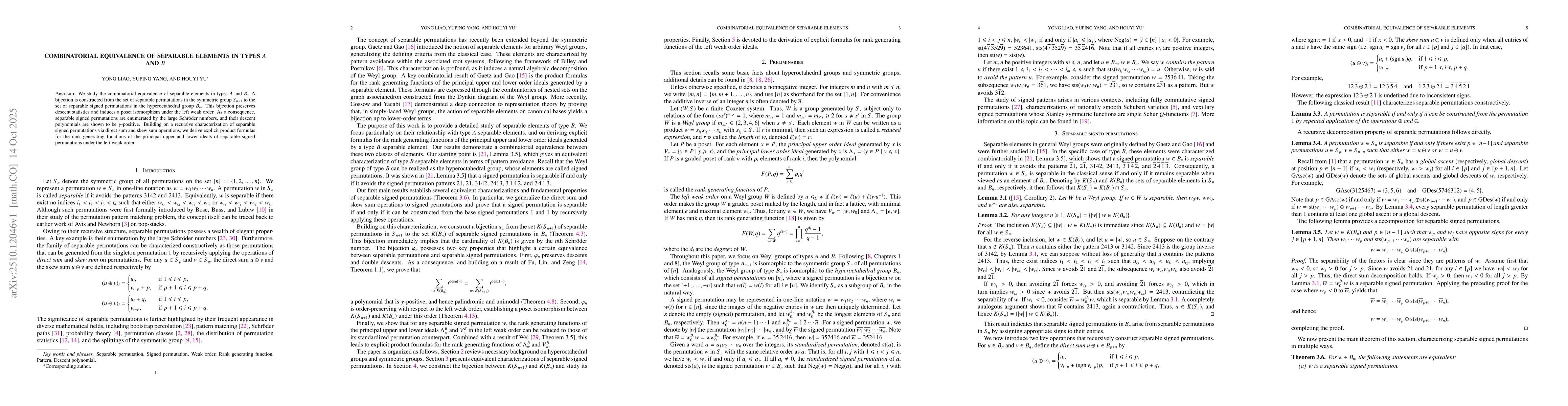 Thumbnail for Combinatorial equivalence of separable elements in types $A$ and $B$