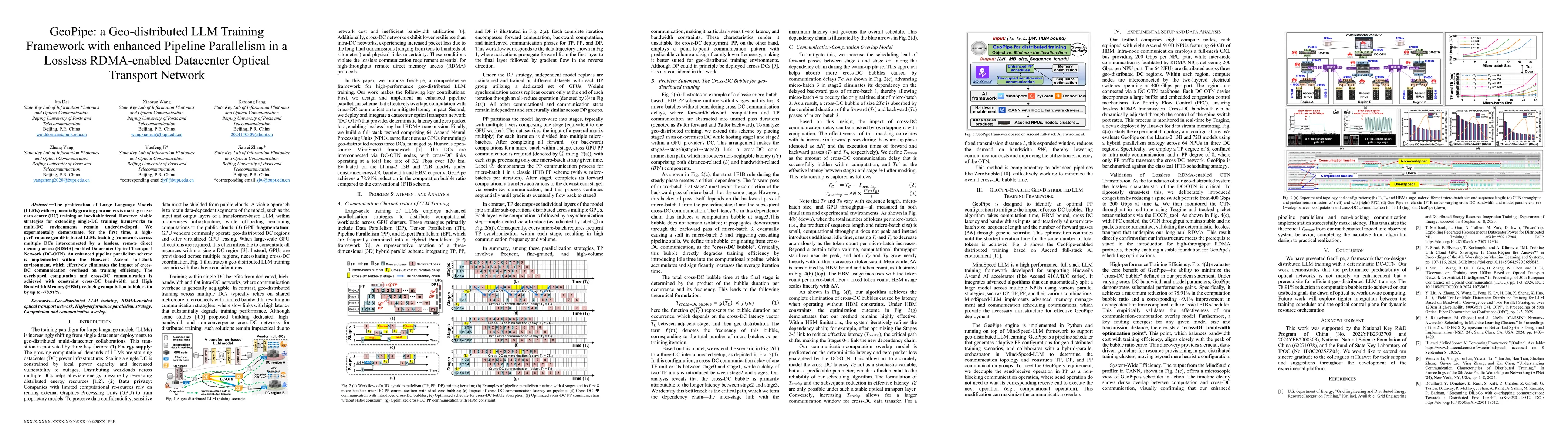 Thumbnail for GeoPipe: a Geo-distributed LLM Training Framework with enhanced Pipeline
  Parallelism in a Lossless RDMA-enabled Datacenter Optical Transport Network