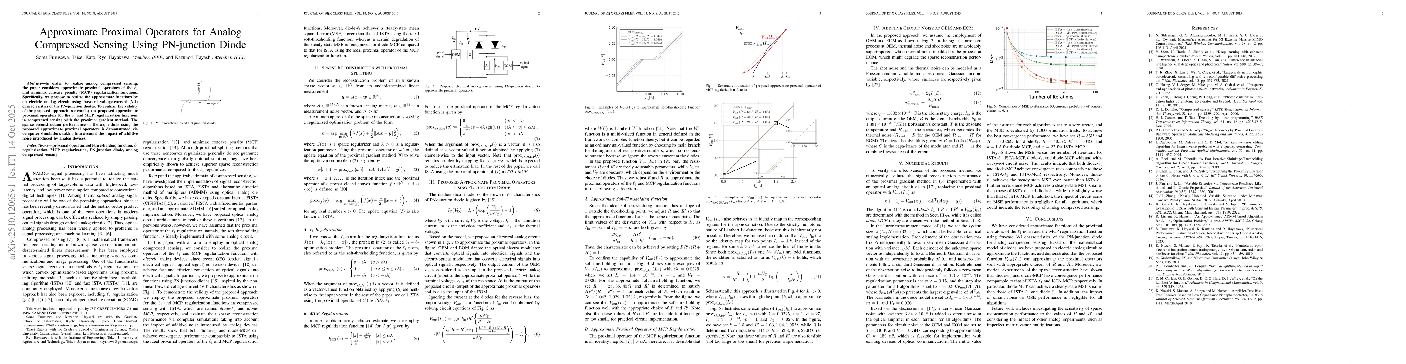 Thumbnail for Approximate Proximal Operators for Analog Compressed Sensing Using
  PN-junction Diode