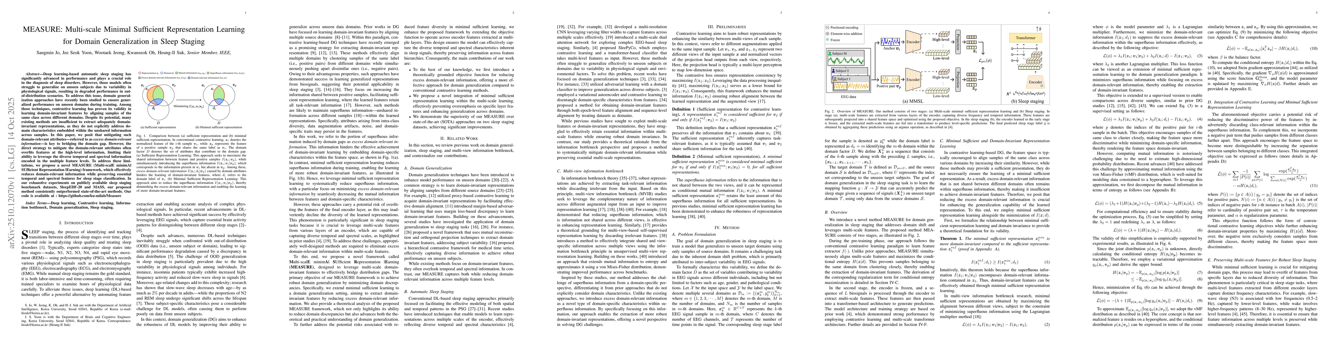 Thumbnail for MEASURE: Multi-scale Minimal Sufficient Representation Learning for
  Domain Generalization in Sleep Staging