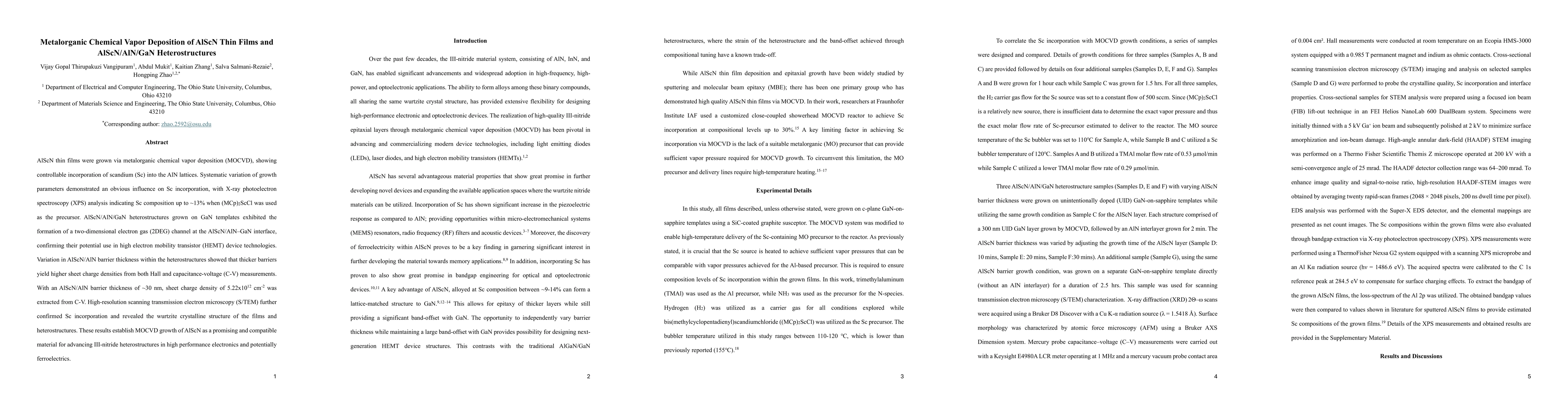 Thumbnail for Metalorganic Chemical Vapor Deposition of AlScN Thin Films and
  AlScN/AlN/GaN Heterostructures