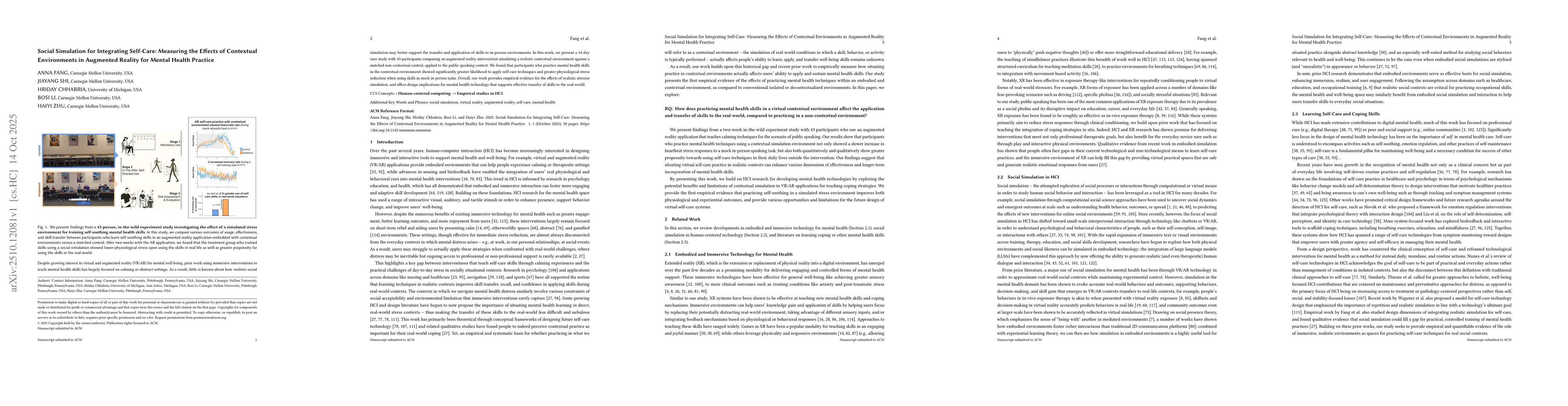 Thumbnail for Social Simulation for Integrating Self-Care: Measuring the Effects of
  Contextual Environments in Augmented Reality for Mental Health Practice
