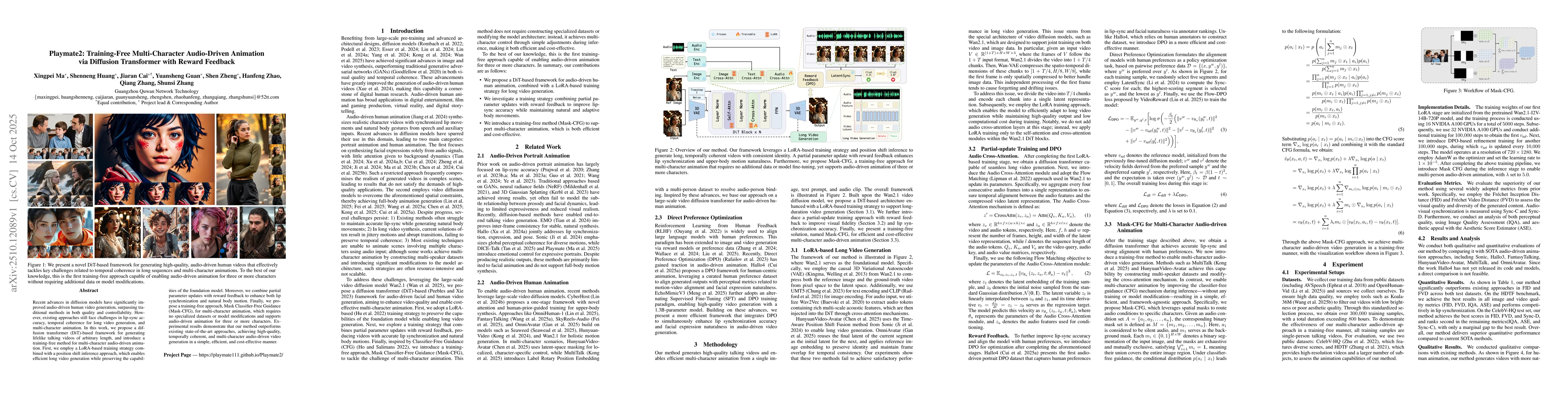 Thumbnail for Playmate2: Training-Free Multi-Character Audio-Driven Animation via
  Diffusion Transformer with Reward Feedback