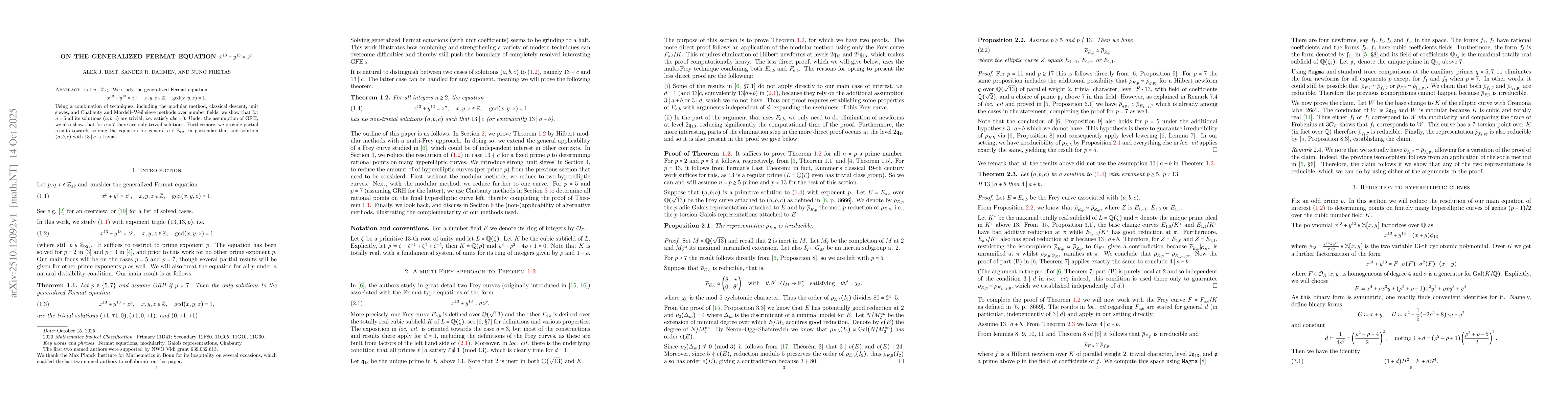 Thumbnail for On the generalized Fermat equation $x^{13} + y^{13} = z^n$