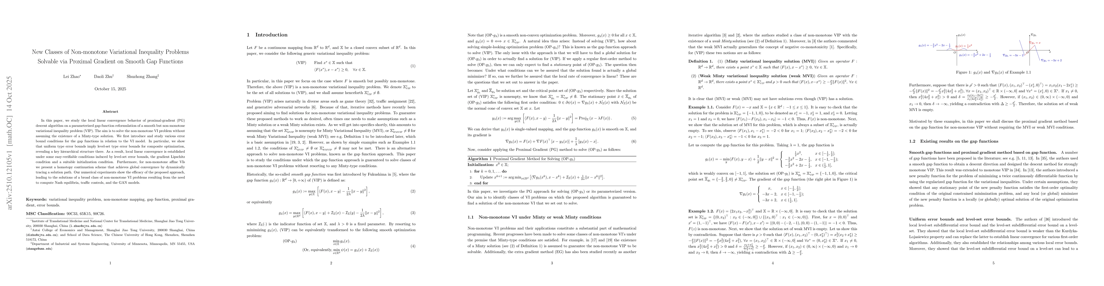 Thumbnail for New Classes of Non-monotone Variational Inequality Problems Solvable via
  Proximal Gradient on Smooth Gap Functions