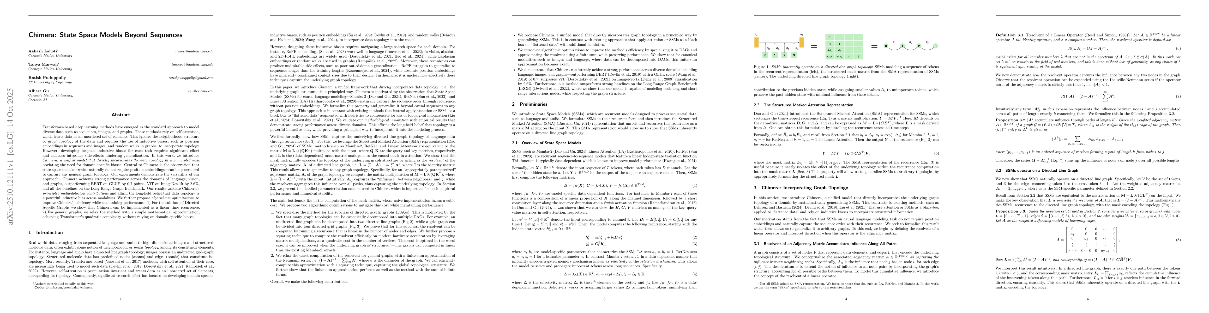 Thumbnail for Chimera: State Space Models Beyond Sequences