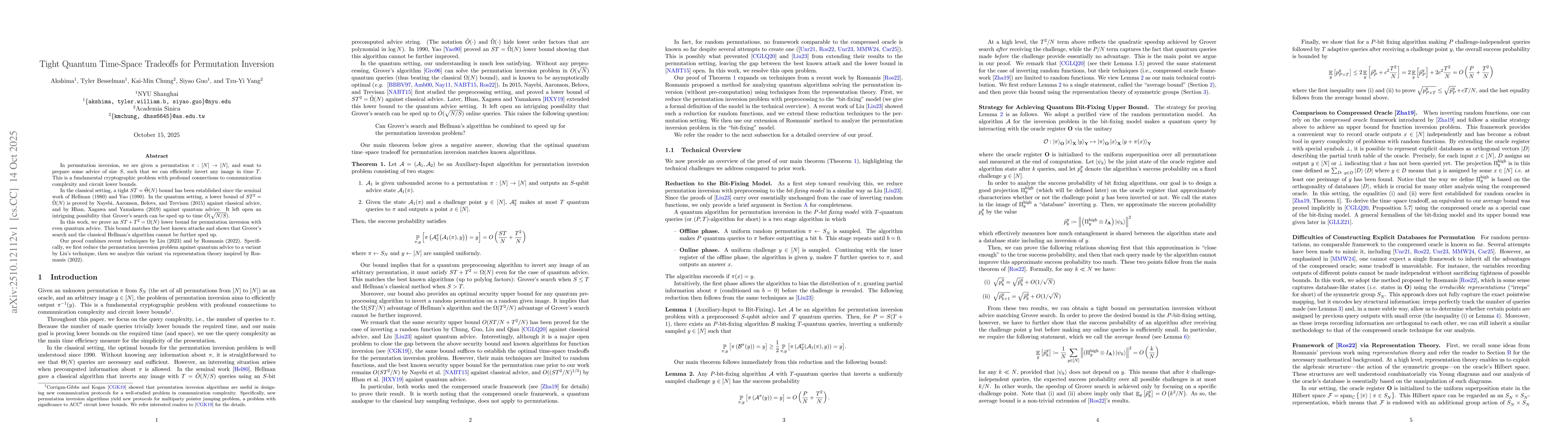 Thumbnail for Tight Quantum Time-Space Tradeoffs for Permutation Inversion