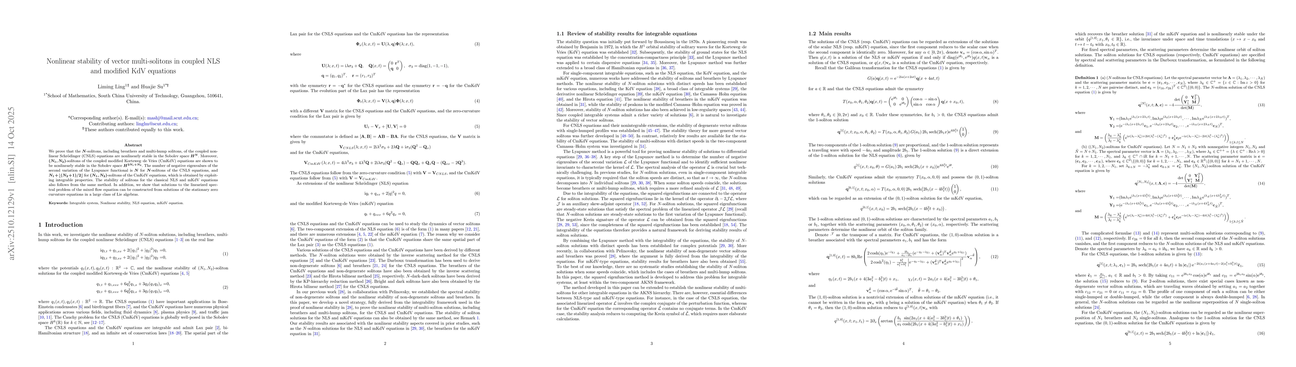 Thumbnail for Nonlinear stability of vector multi-solitons in coupled NLS and modified
  KdV equations