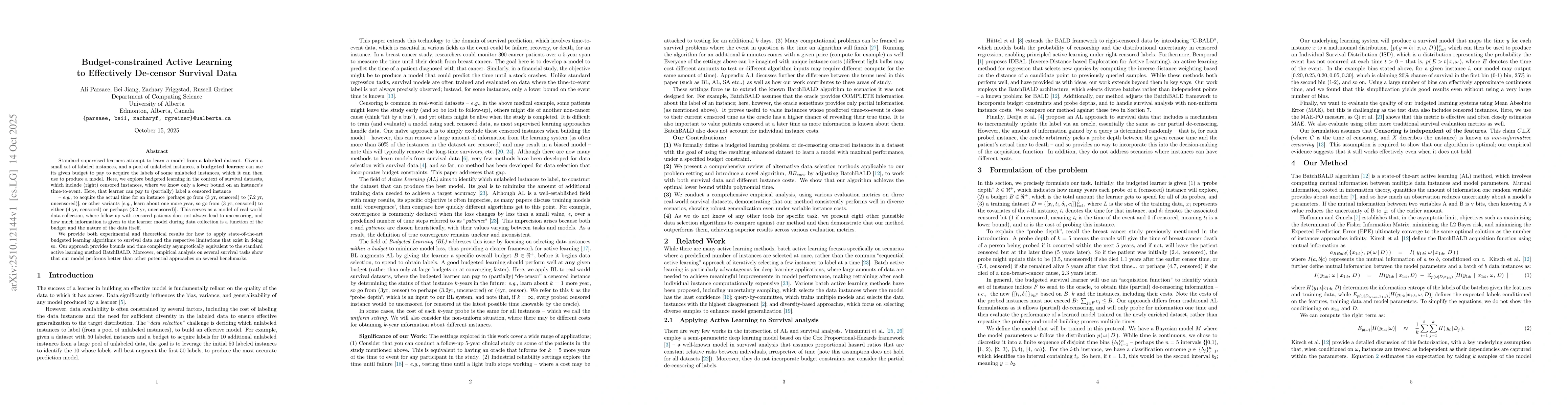 Thumbnail for Budget-constrained Active Learning to Effectively De-censor Survival
  Data