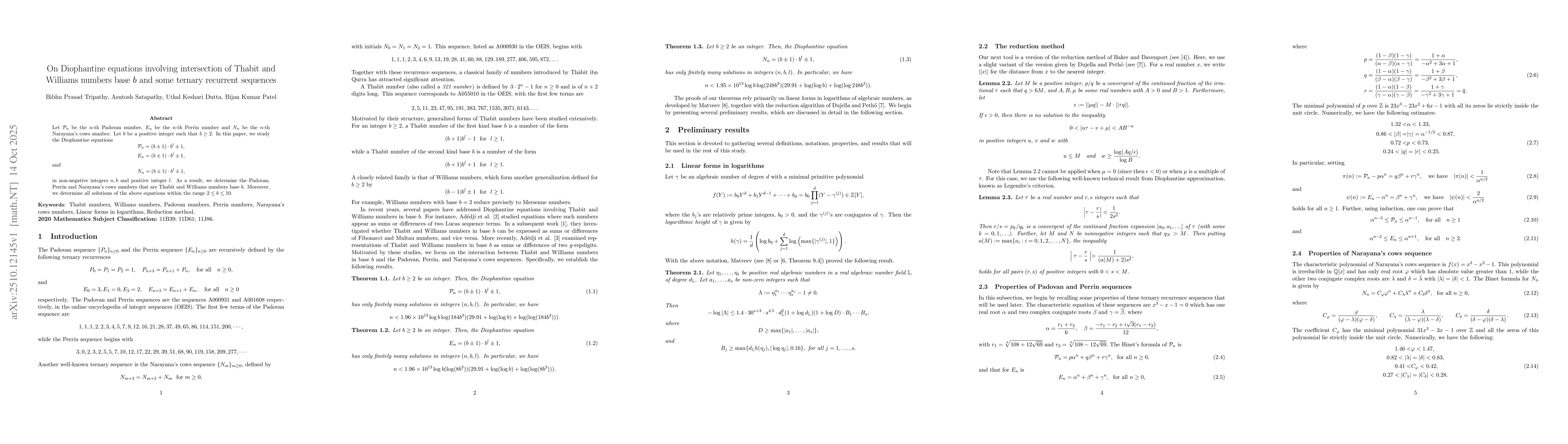Thumbnail for On Diophantine equations involving intersection of Thabit and Williams
  numbers base $b$ and some ternary recurrent sequences