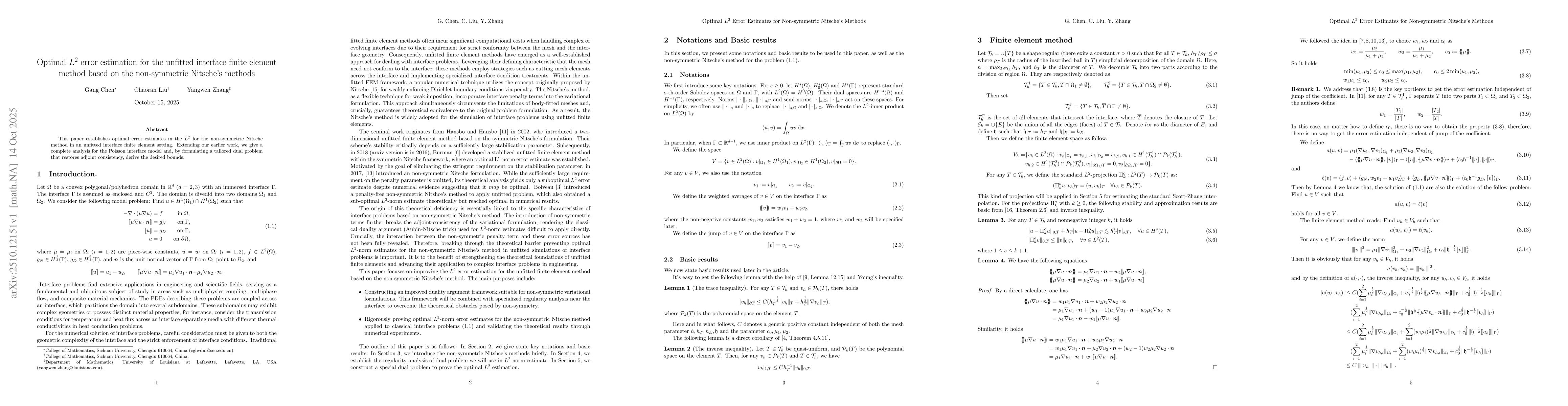 Thumbnail for Optimal $L^2$ error estimation for the unfitted interface finite element
  method based on the non-symmetric Nitsche's methods