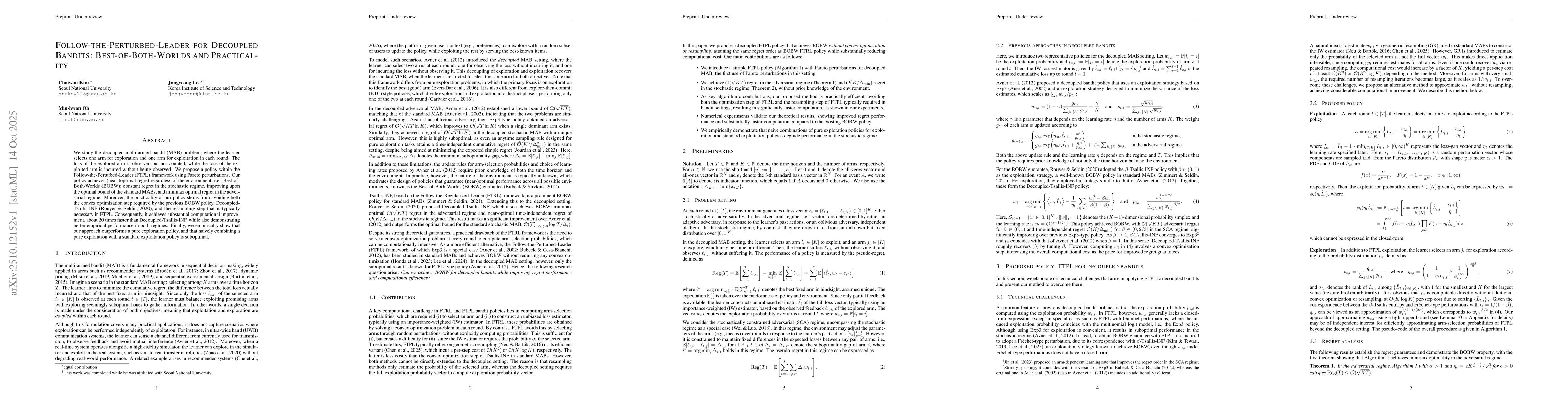 Thumbnail for Follow-the-Perturbed-Leader for Decoupled Bandits: Best-of-Both-Worlds
  and Practicality