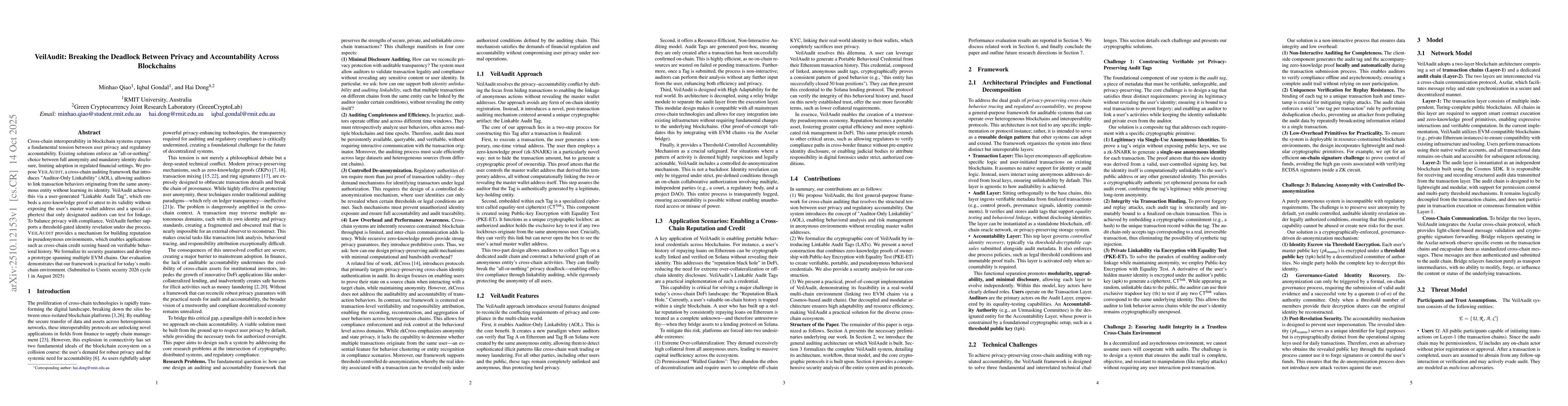 Thumbnail for VeilAudit: Breaking the Deadlock Between Privacy and Accountability
  Across Blockchains