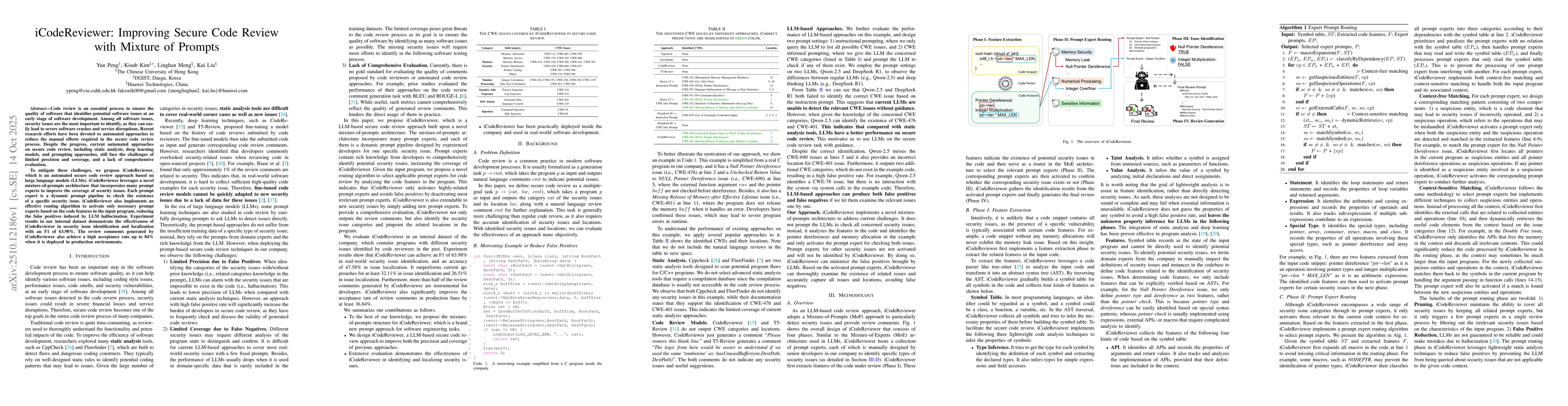 Thumbnail for iCodeReviewer: Improving Secure Code Review with Mixture of Prompts