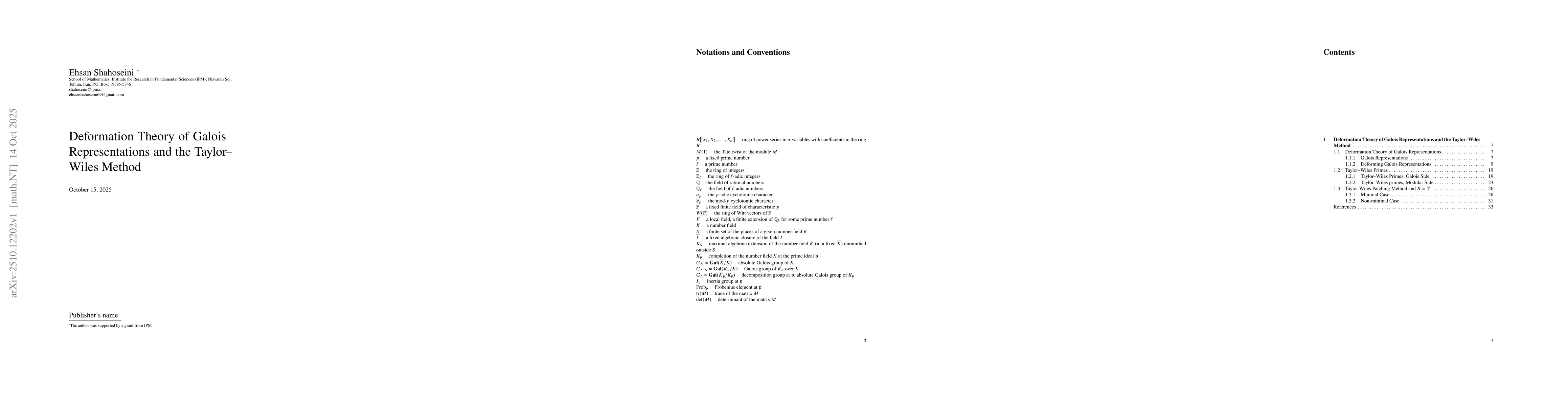 Thumbnail for Deformation Theory of Galois Representations and the Taylor--Wiles
  Method