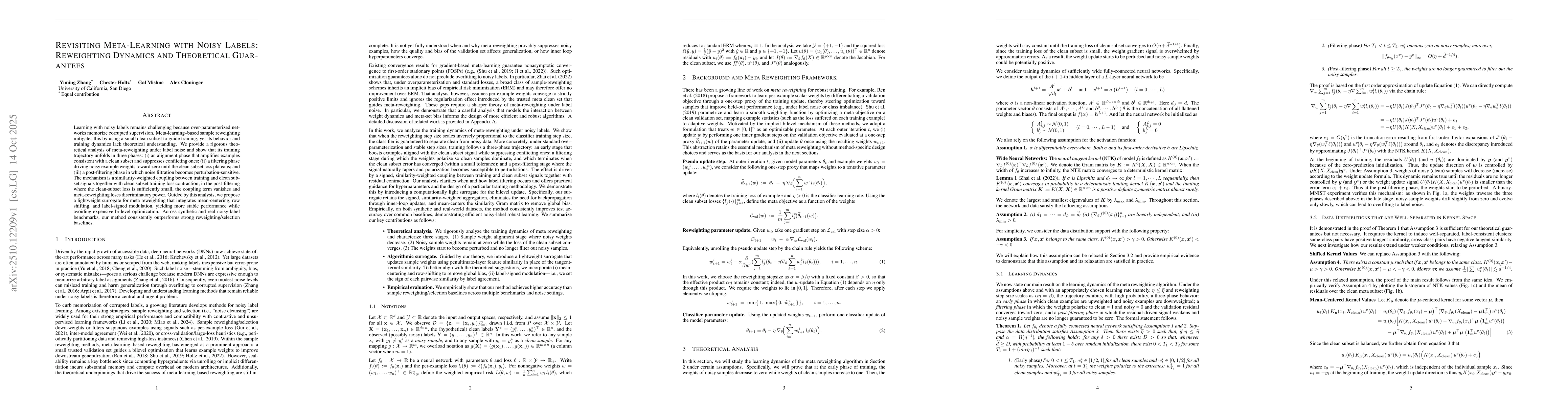 Thumbnail for Revisiting Meta-Learning with Noisy Labels: Reweighting Dynamics and
  Theoretical Guarantees