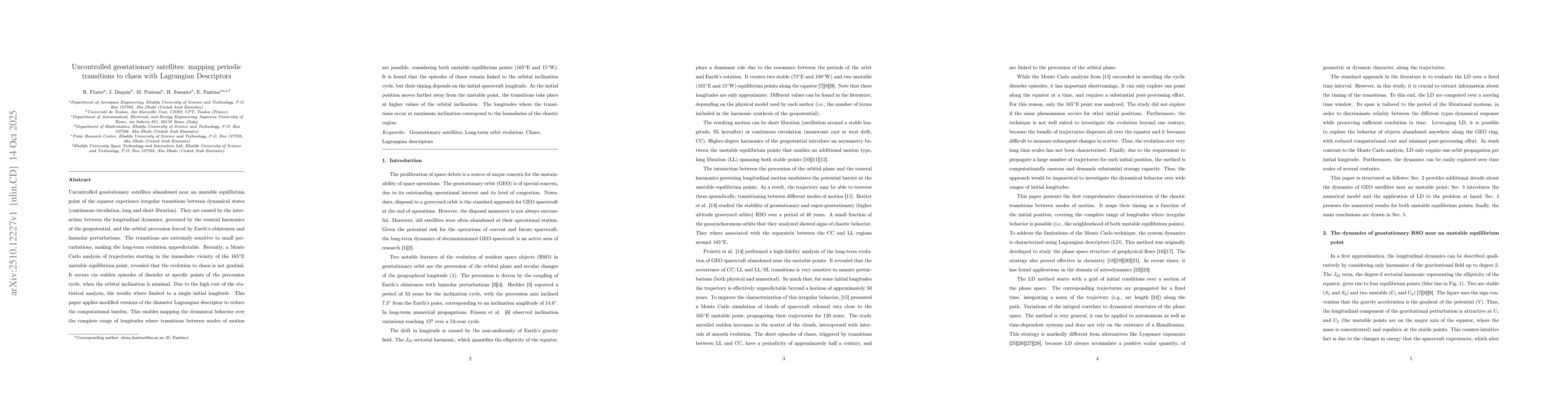 Thumbnail for Uncontrolled geostationary satellites: mapping periodic transitions to
  chaos with Lagrangian Descriptors