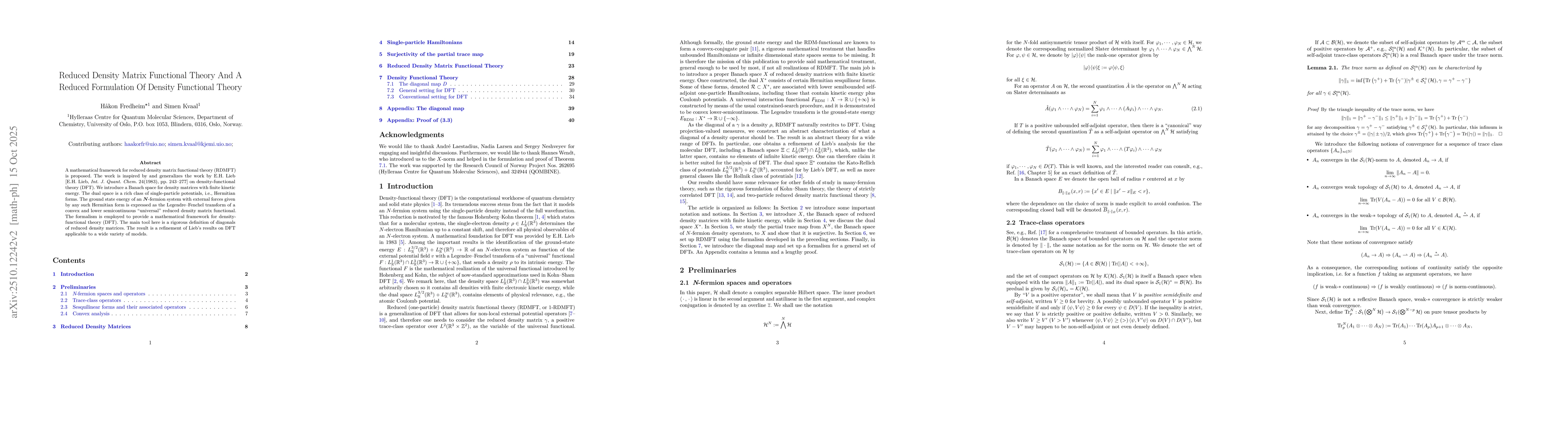 Thumbnail for Reduced Density Matrix Functional Theory And A Reduced Formulation Of
  Density Functional Theory