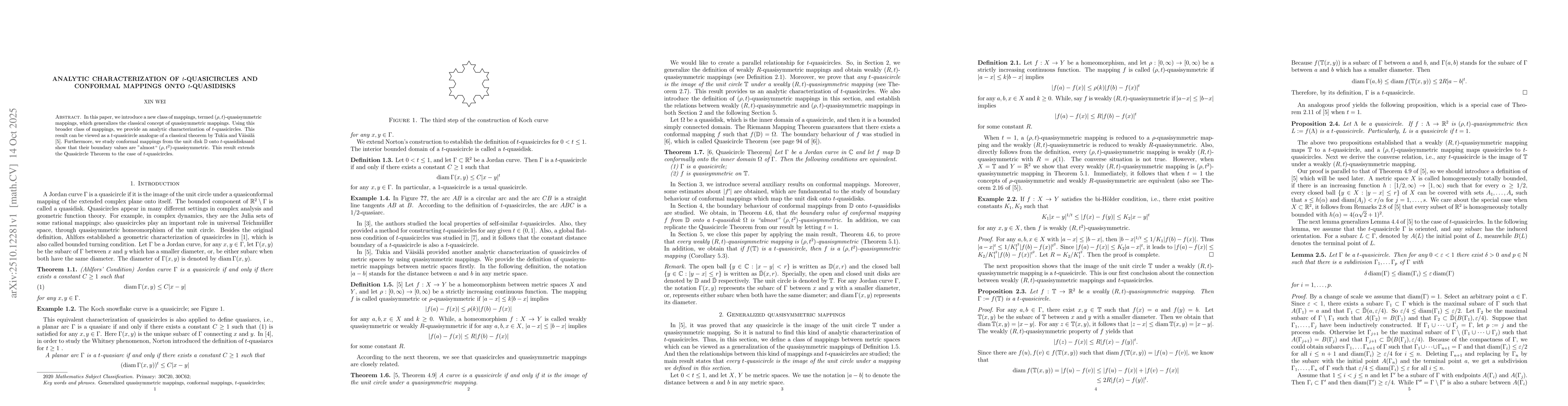 Thumbnail for Analytic Characterization of $t$-Quasicircles and Conformal Mappings
  onto $t$-Quasidisks